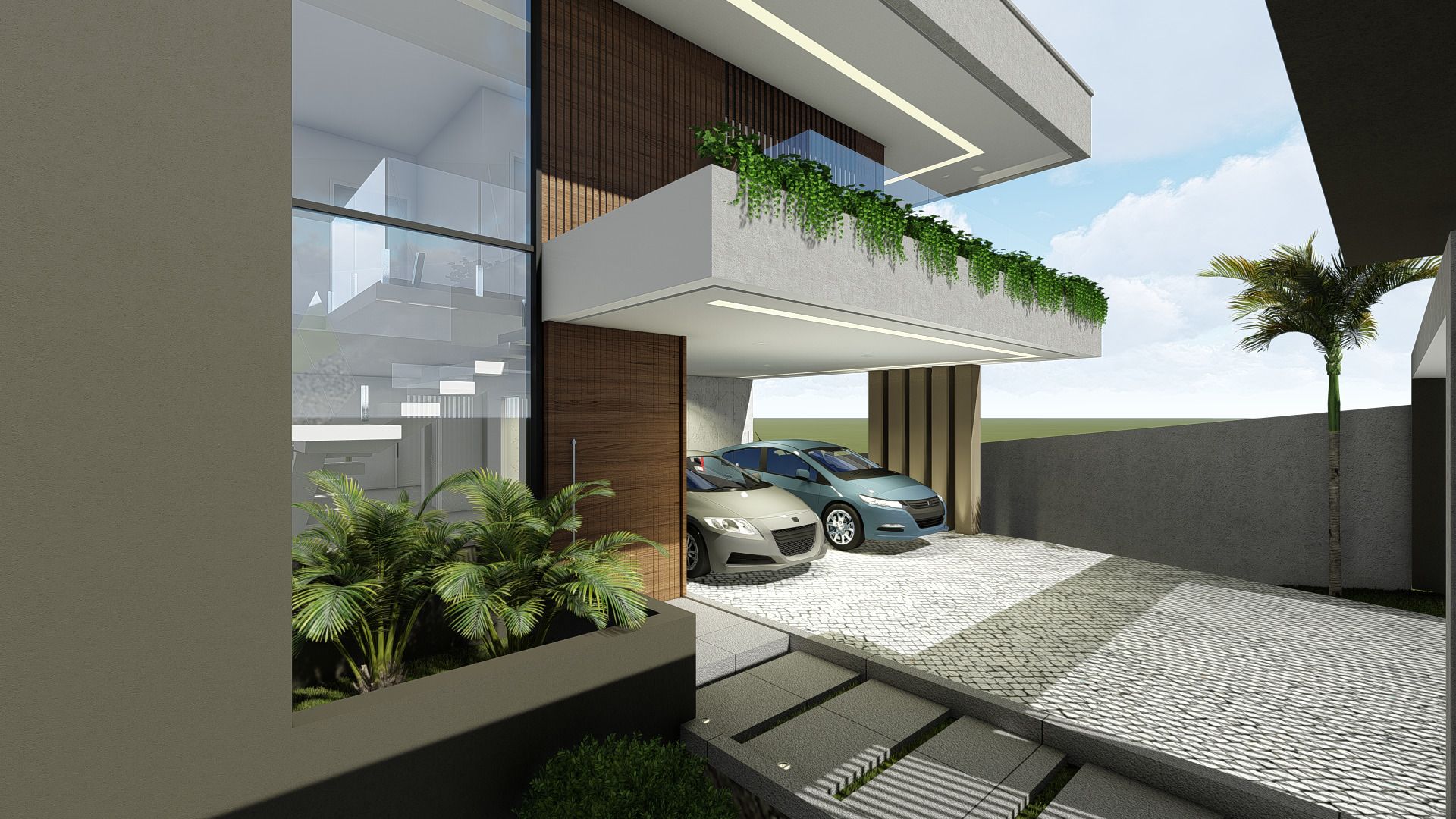 Transição entre área externa e acesso principal com fechamento envidraçado de pé-direito duplo expondo escada de lances retos, painel ripado amadeirado, balanço estrutural com iluminação linear e jardineira, garagem com pavimentação em mosaico de pedras claras