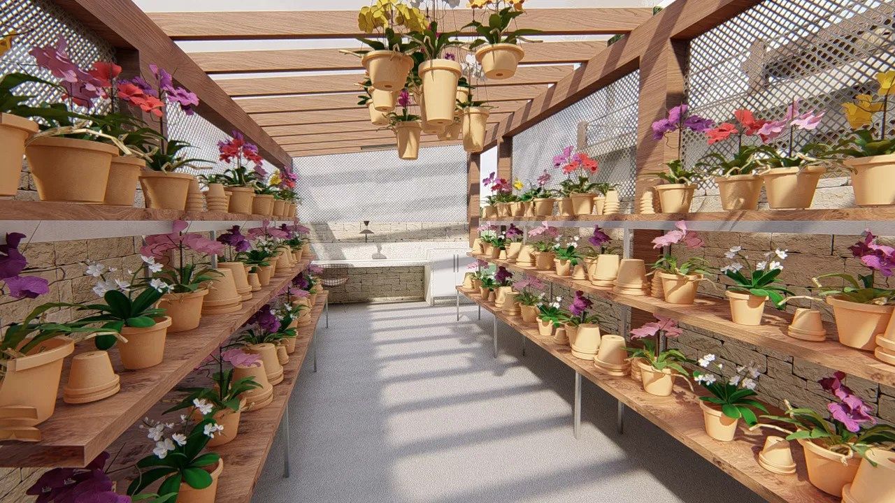 Orquidário com estrutura em madeira, treliça, prateleiras com vasos de barro e orquídeas suspensas — área de lazer no Paragem do Tripuí