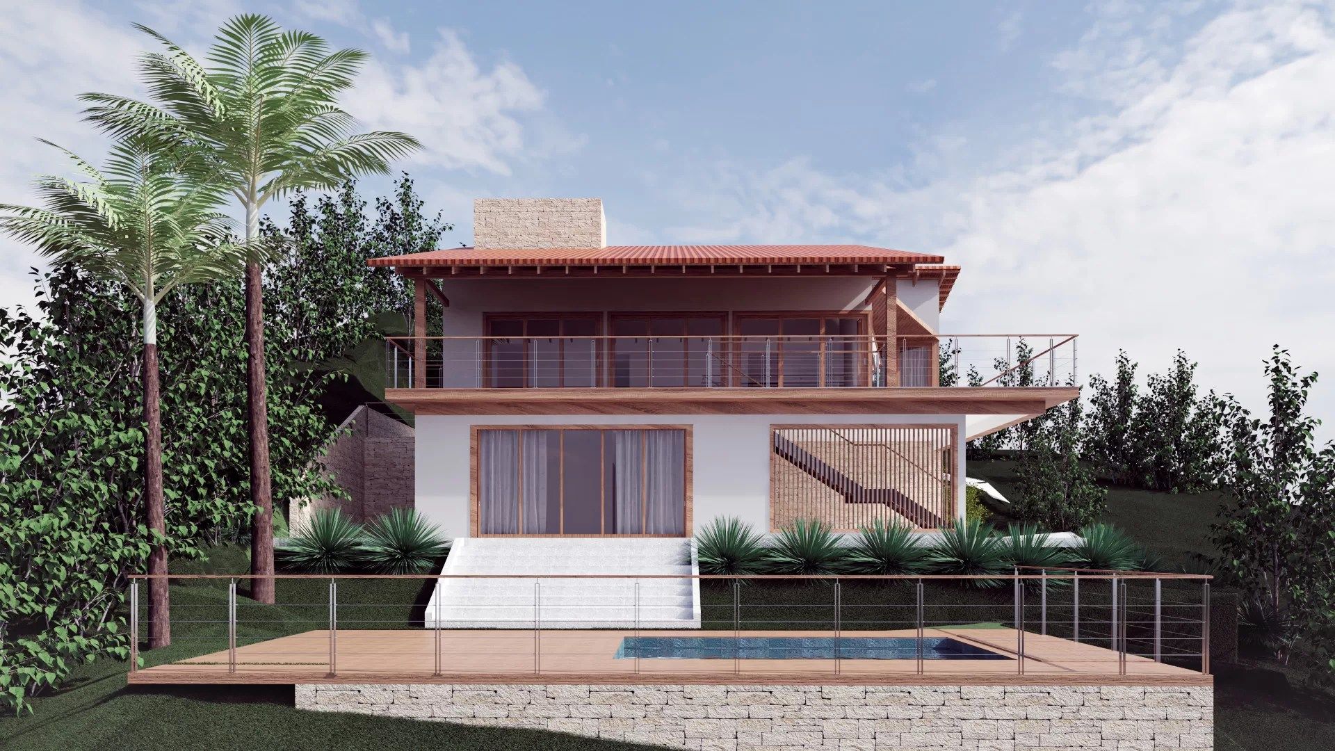 Fachada lateral da casa de campo com volumetria em dois pavimentos acompanhando o aclive do terreno — Paragem do Tripuí, Ouro Preto