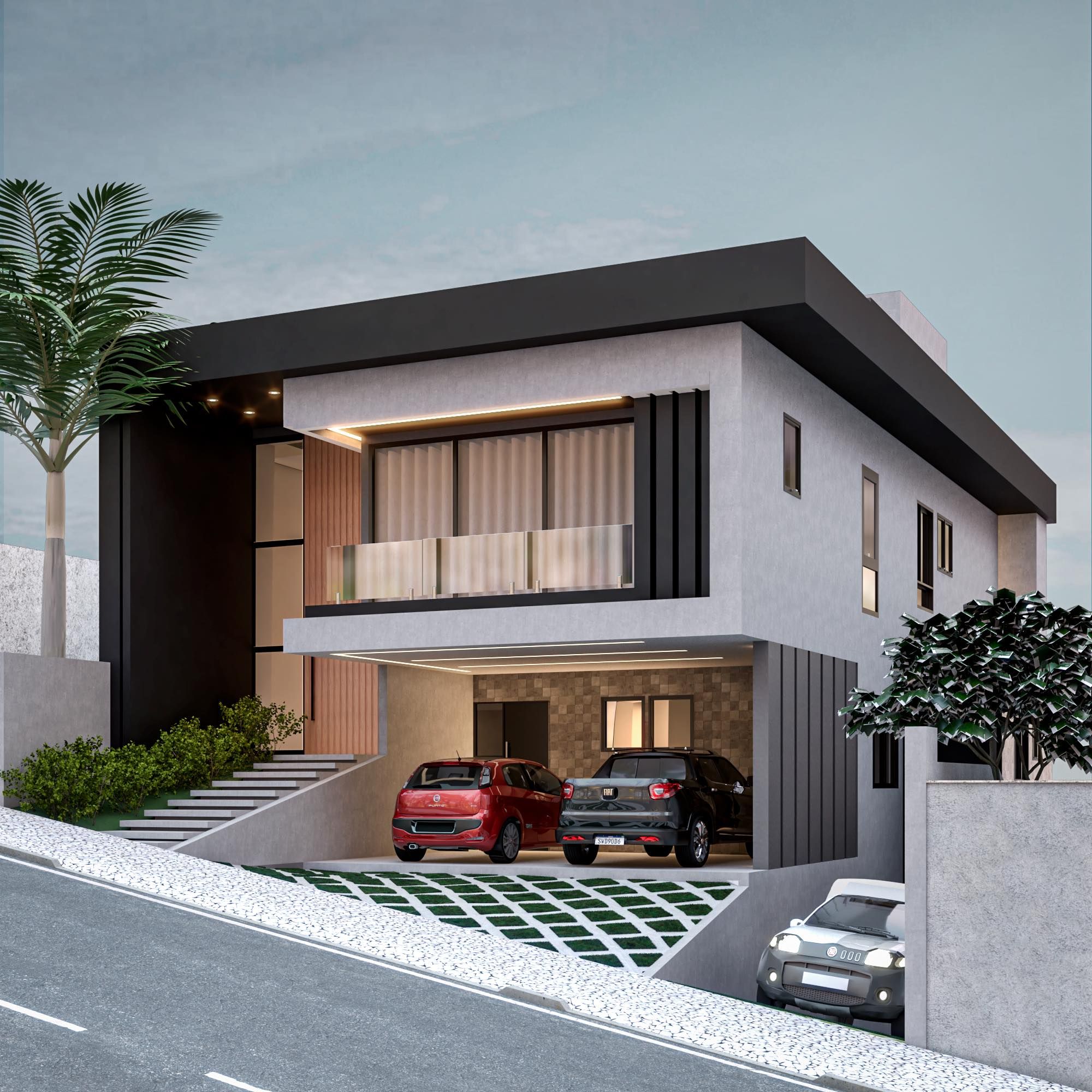 Vista em ângulo da fachada frontal evidenciando volume principal com acabamento liso claro, cobertura plana com platibanda escura, brises verticais escuros, garagem com piso intertravado vegetado e muro de divisa lateral