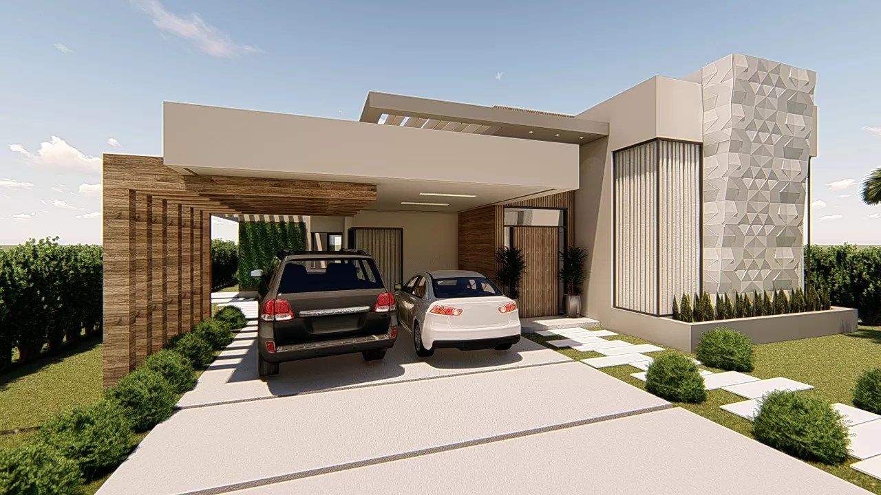 Garagem coberta com laje em balanço, brises verticais amadeirados e jardim vertical ao fundo