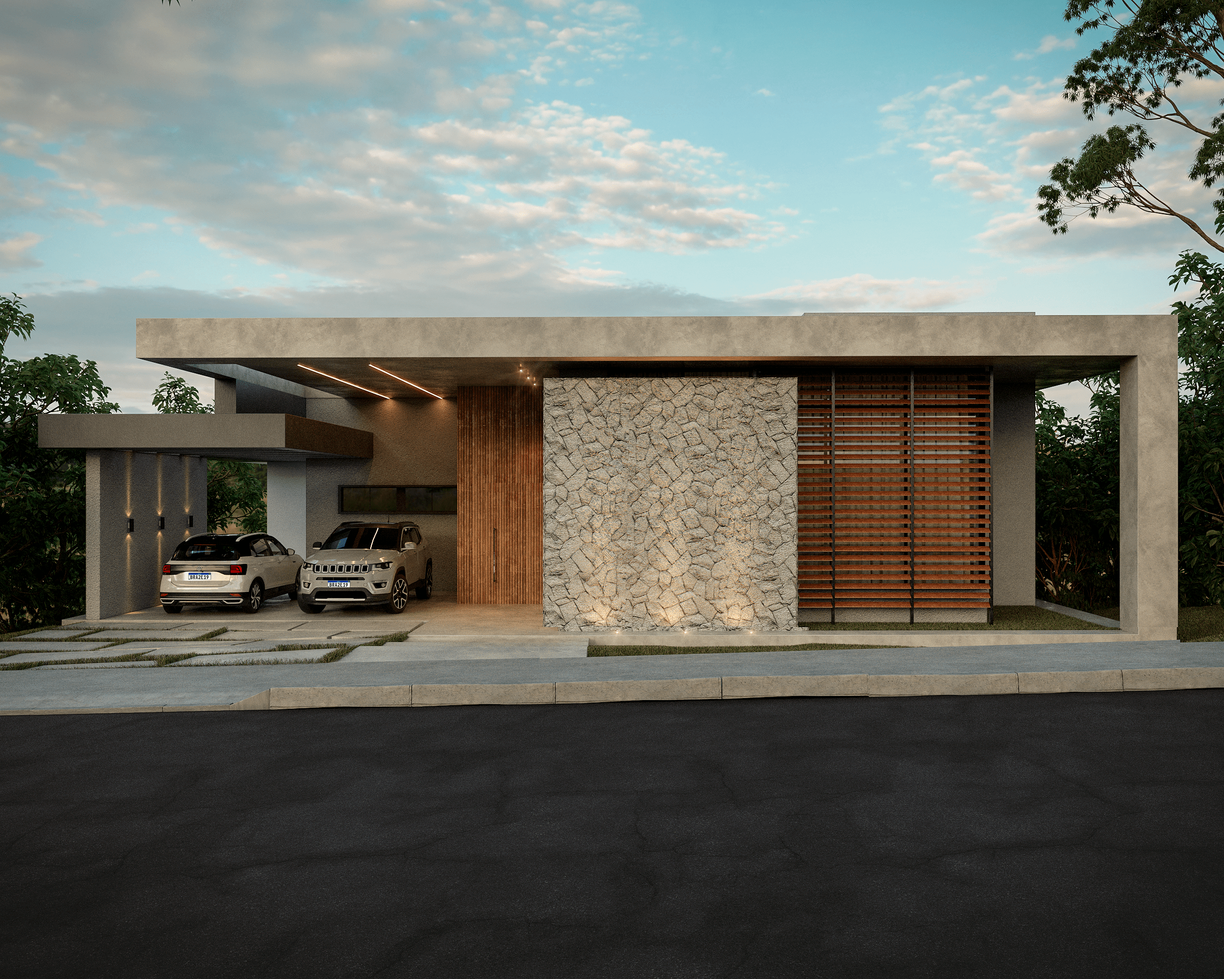Fachada frontal com pórtico em concreto, garagem para dois veículos, porta pivotante amadeirada e volume em pedra rústica — Paragem do Tripuí
