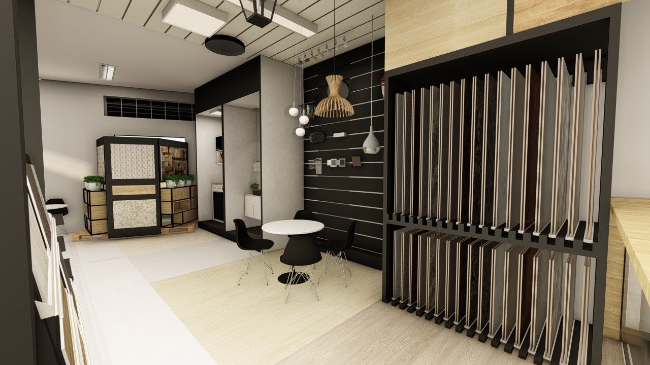 Estante deslizante para placas de revestimento, área de atendimento com mesa redonda e módulo divisório com texturas tridimensionais