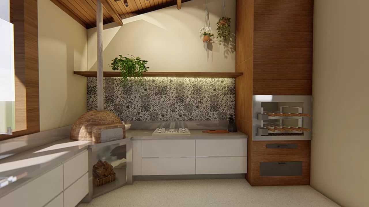 Cozinha gourmet com forno de pizza artesanal, cooktop, churrasqueira em madeira ripada e backsplash em azulejo decorativo