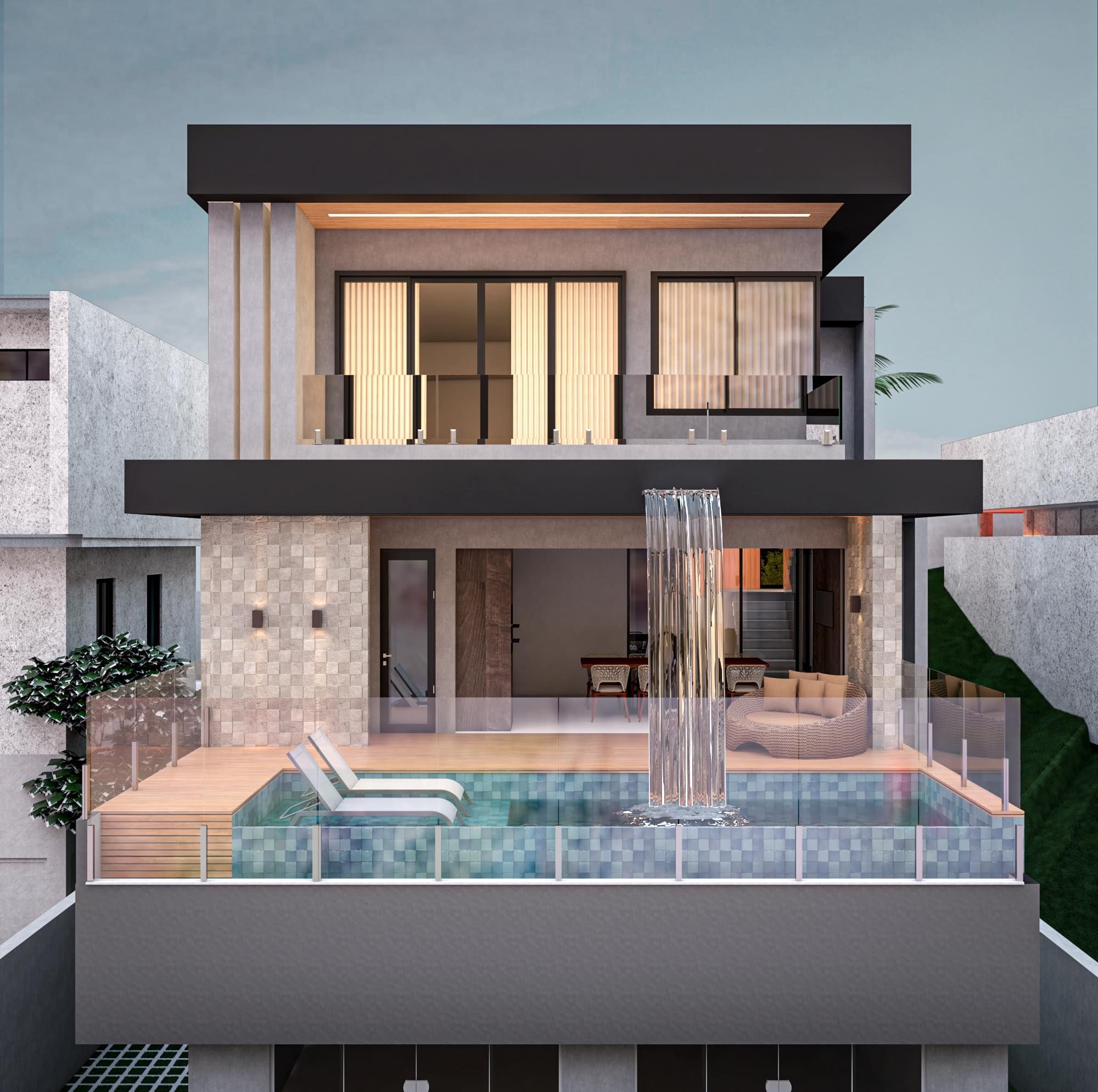Fachada posterior em três níveis com varanda superior com guarda-corpo transparente e forro amadeirado, piscina retangular de borda em balanço com visor frontal transparente e revestimento azul quadriculado, cascata d'água e deck com réguas claras