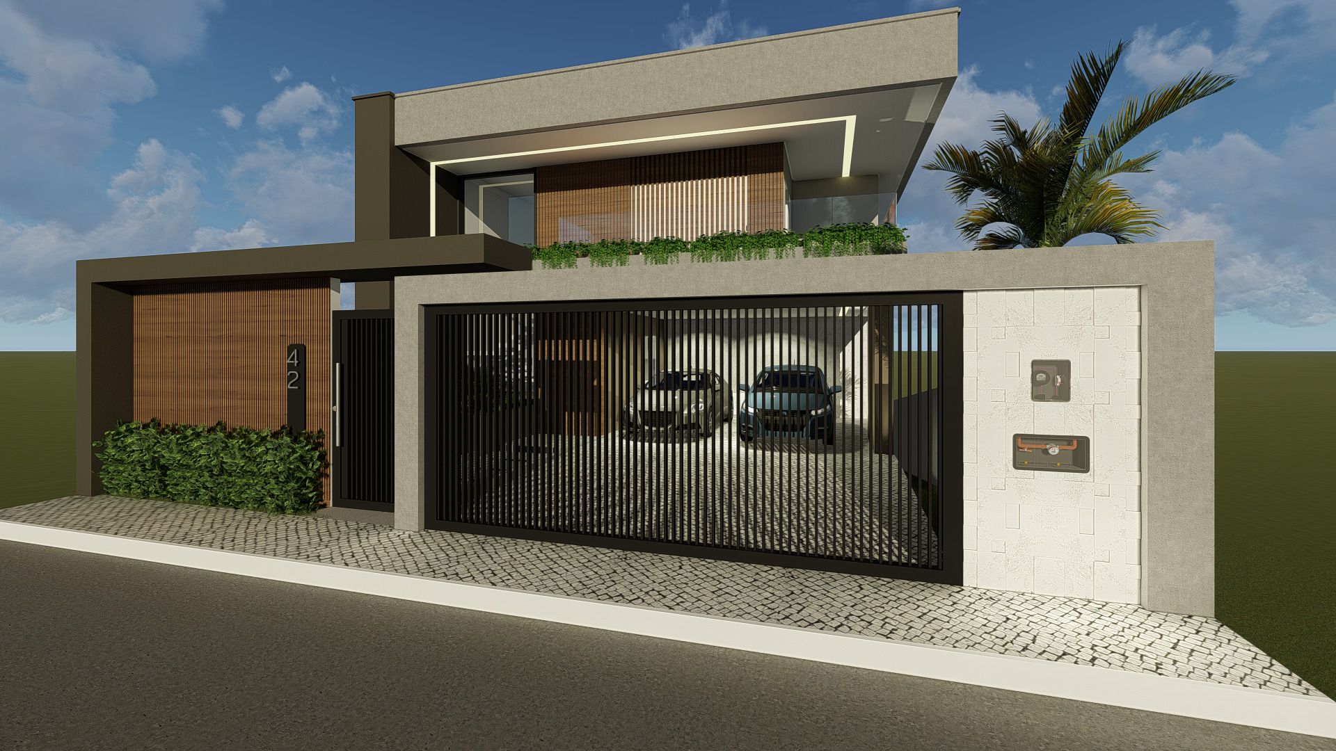 Fechamento frontal do lote com portão veicular de perfis metálicos verticais escuros, muro revestido por painel ripado amadeirado com numeração, canteiro linear com vegetação arbustiva, muro de divisa com revestimento claro e caixas de infraestrutura