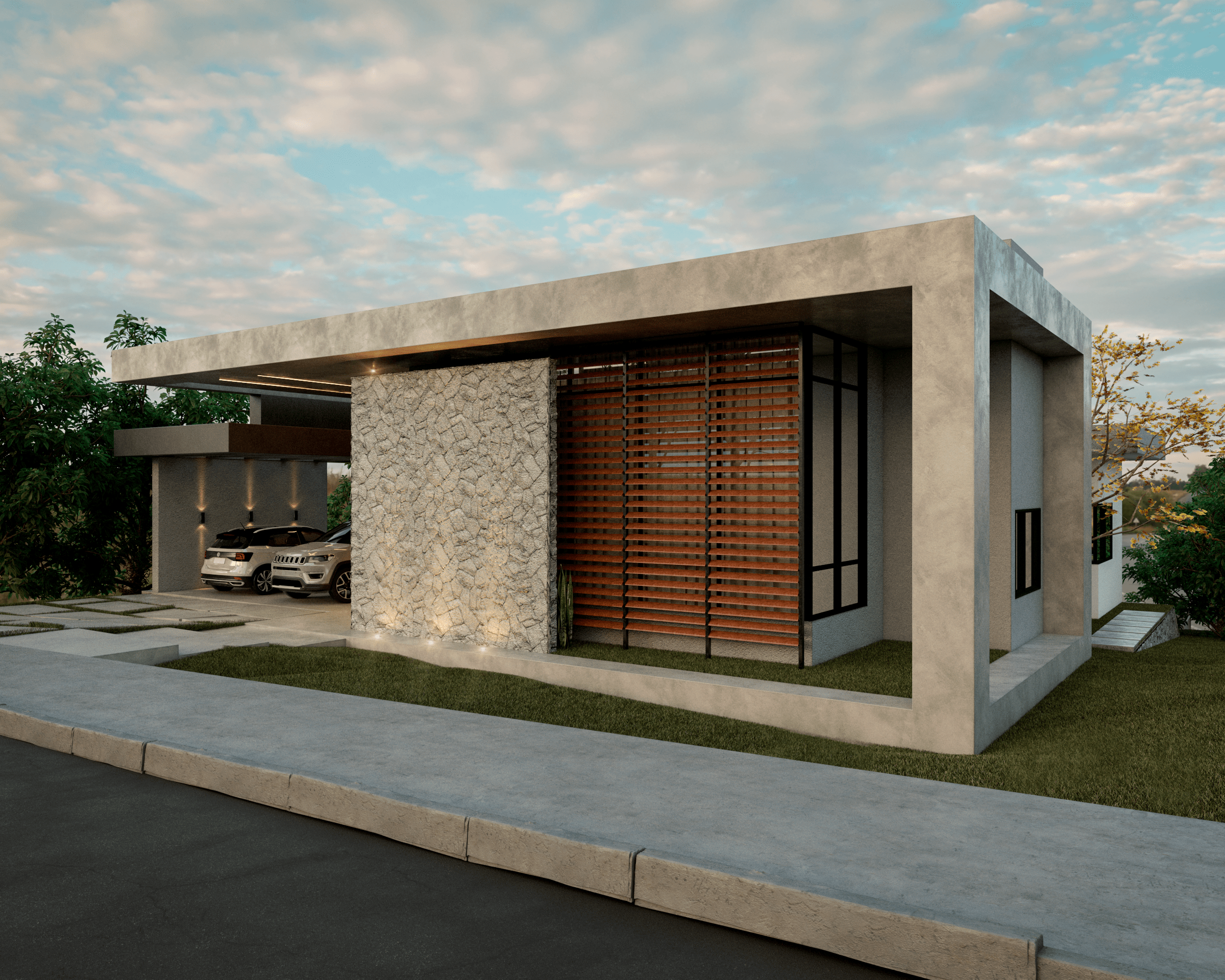 Fachada lateral direita com balanço do pórtico, brise horizontal amadeirado e esquadrias escuras — casa moderna em Ouro Preto