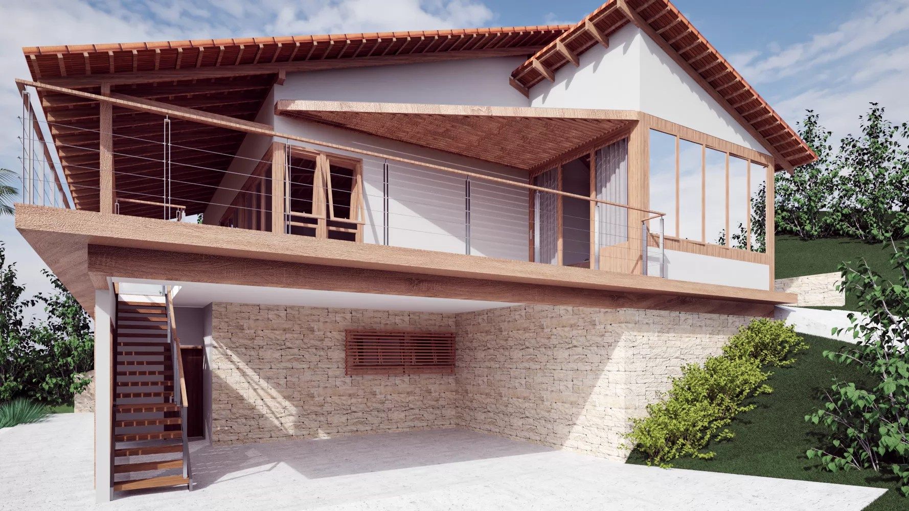 Planta do segundo pavimento com cozinha integrada à sala de jantar e TV, dois quartos, banheiro e suíte com spa — casa de campo no Paragem do Tripuí