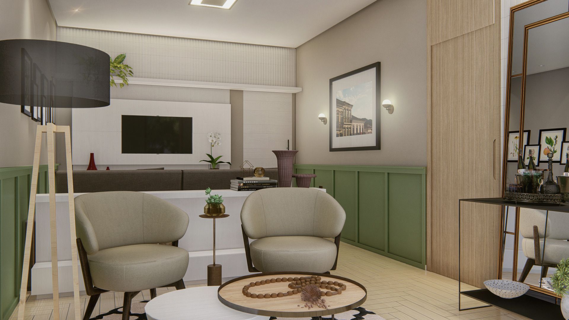 Sala de estar com piso em espinha de peixe, lambris inferiores com molduras retangulares verdes, painel ripado vertical claro, marcenaria vertical amadeirada, luminária de piso com tripé amadeirado e arandelas esféricas duplas