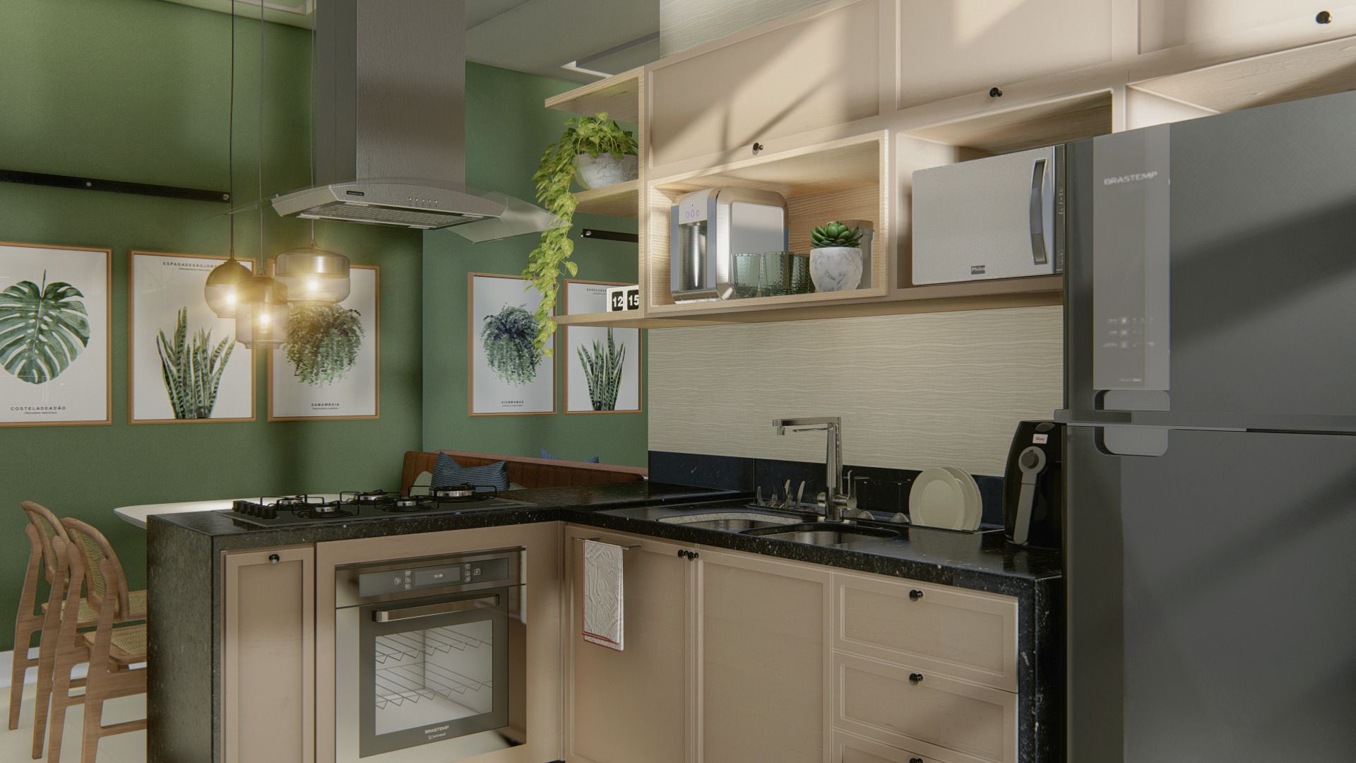 Cozinha em L com paredes em tom verde escuro, bancada em material escuro polido com cuba dupla de aço inox e cooktop a gás, marcenaria inferior bege clara, marcenaria superior com nichos amadeirados, coifa de ilha em aço escovado e pendentes esféricos de vidro translúcido