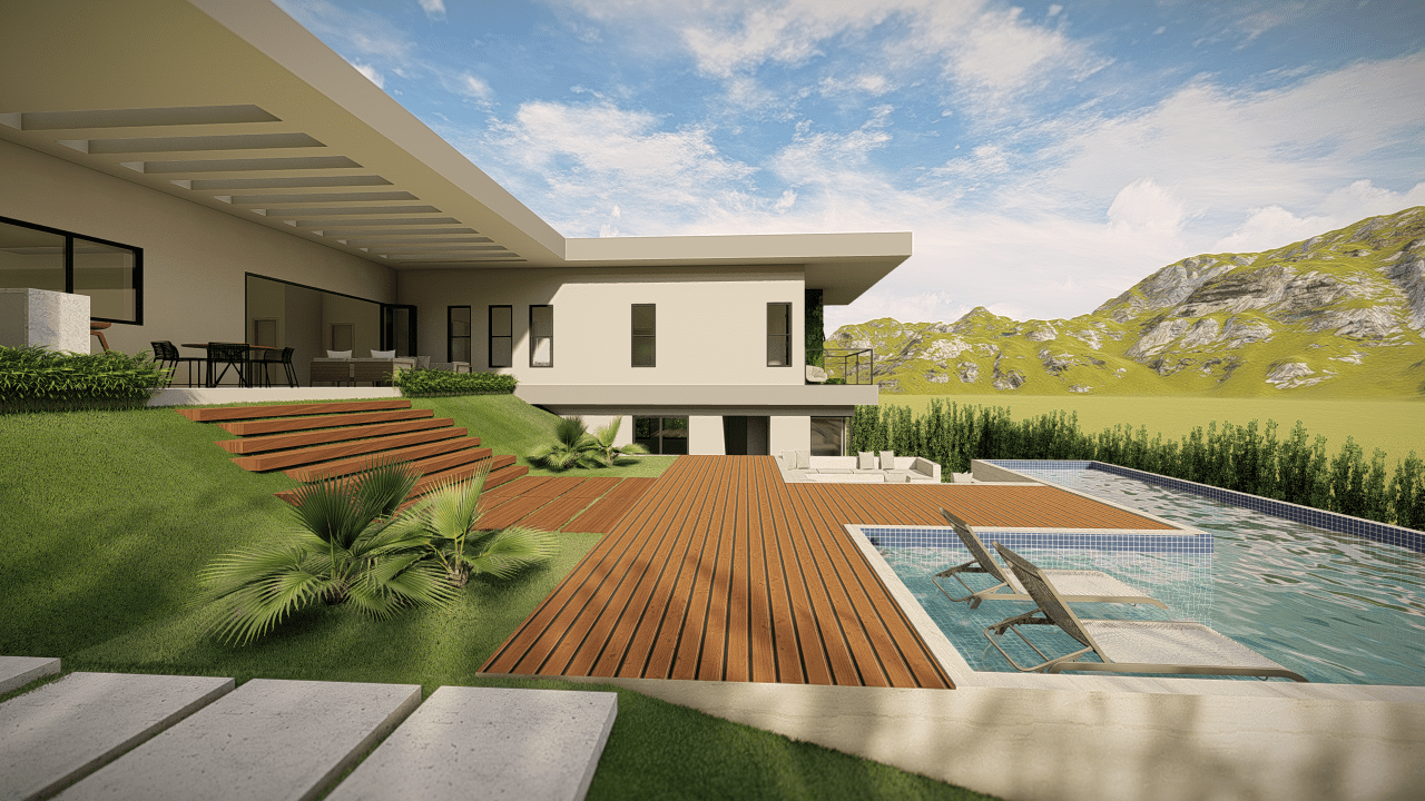 Fachada posterior com dois pavimentos, varanda com pergolado, piscina de borda infinita e deck amadeirado — Condomínio Paragem do Tripuí