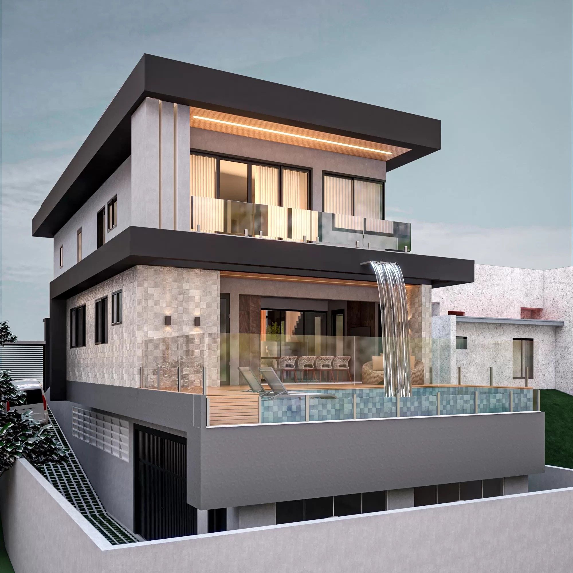Fachada posterior escalonada com varanda coberta por forro amadeirado e iluminação linear, piscina com borda em balanço e cascata, vedações com revestimento em peças retangulares de textura rústica e esquadrias deslizantes de grande formato