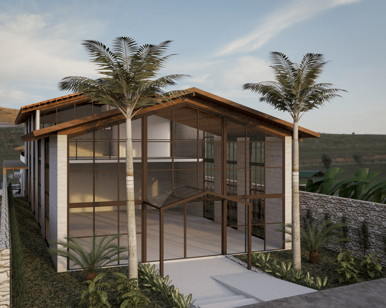 Perspectiva destacando fachada envidraçada estruturada por caixilharia escura, fachada lateral com revestimento claro e aberturas horizontais, mezanino com mureta clara, paisagismo com palmeiras e muro de arrimo em pedra rústica