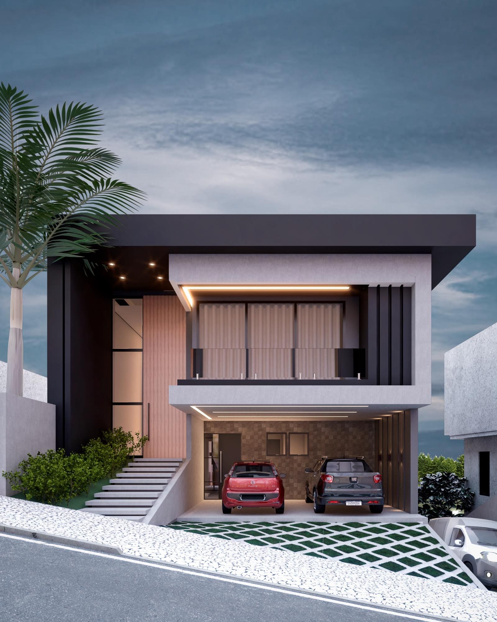 Fachada principal com pórtico estrutural escuro, volume superior em balanço com varanda e guarda-corpo transparente, escada de acesso em concreto, porta envidraçada de piso a teto, painel ripado amadeirado e garagem com pavimentação permeável