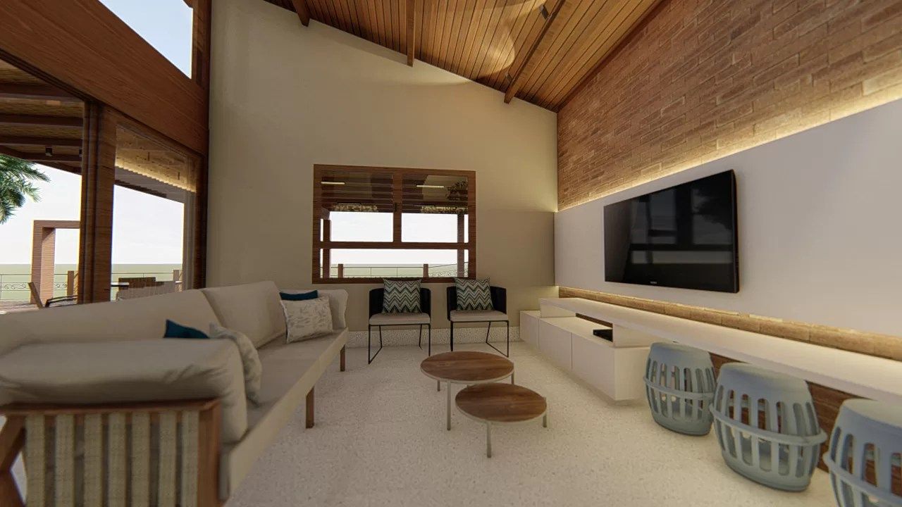 Lounge com sofás claros, mesas de centro em madeira, painel de TV com iluminação LED indireta e parede de tijolo aparente