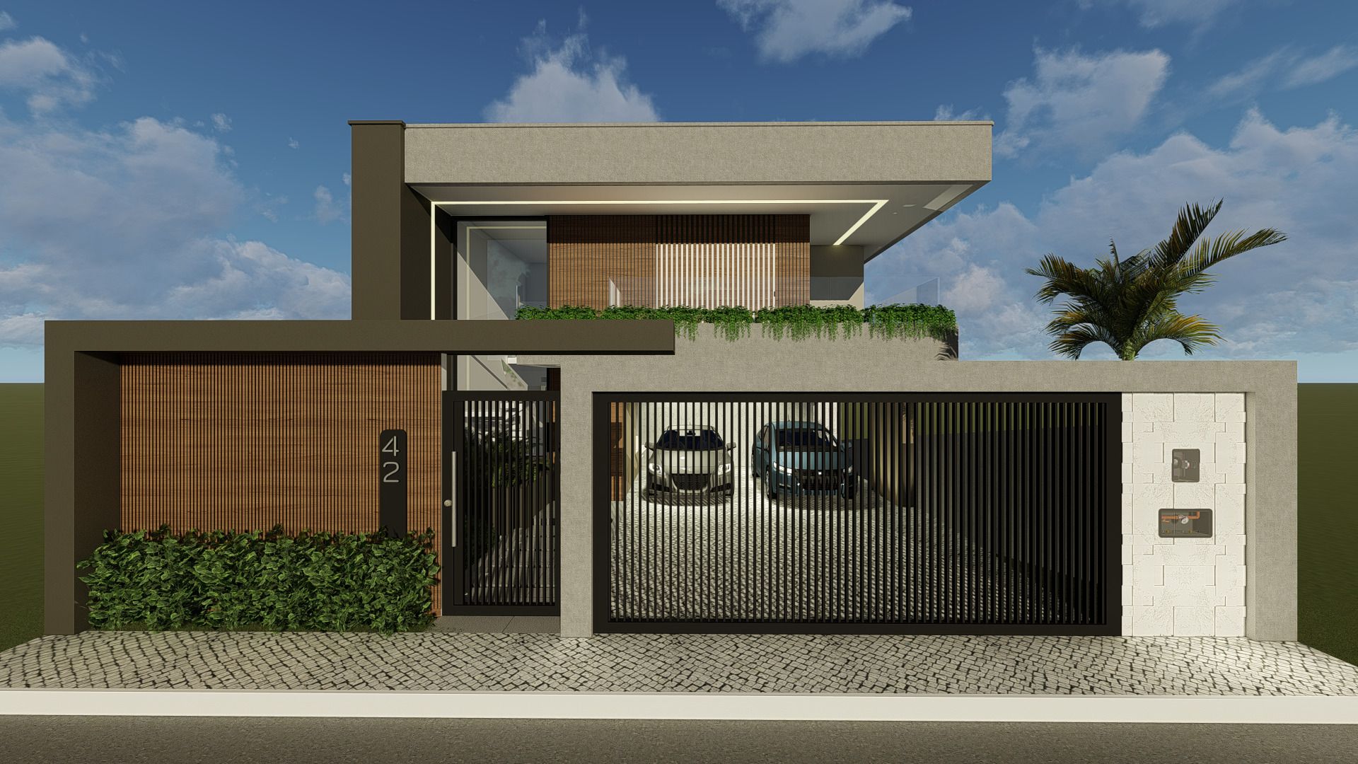 Elevação frontal ortogonal com composição de linhas horizontais, fechamento frontal dividido em três módulos, portões permeáveis de perfis verticais escuros, painéis ripados amadeirados, jardineira linear e passeio público em mosaico de pedras claras