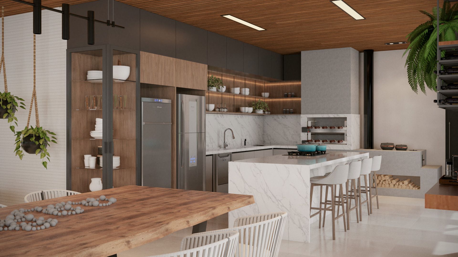 Cozinha gourmet com ilha central, bancada clara com veios acinzentados, cooktop, fogão a lenha e marcenaria amadeirada — Condomínio Paragem do Tripuí