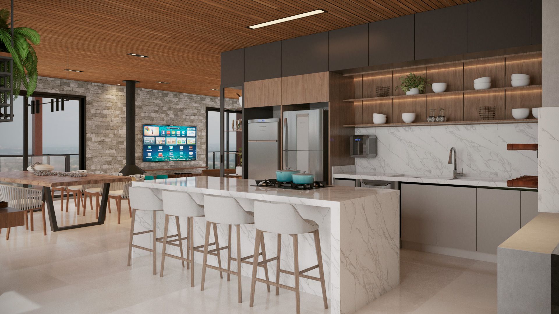 Detalhe da ilha central da cozinha com cooktop, bancada clara, cuba dupla metálica e marcenaria com iluminação embutida — área de lazer no Paragem
