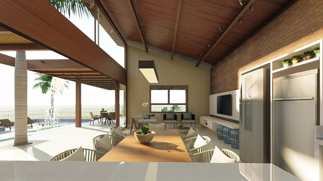 Vista integrada da varanda, jantar e lounge com pergolado, palmeira e piscina com cascata ao fundo