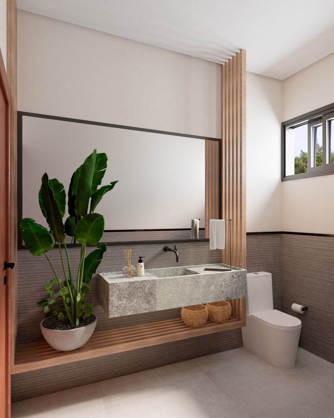 Escada com degraus amadeirados, guarda-corpo com tirantes verticais metálicos e iluminação indireta lateral