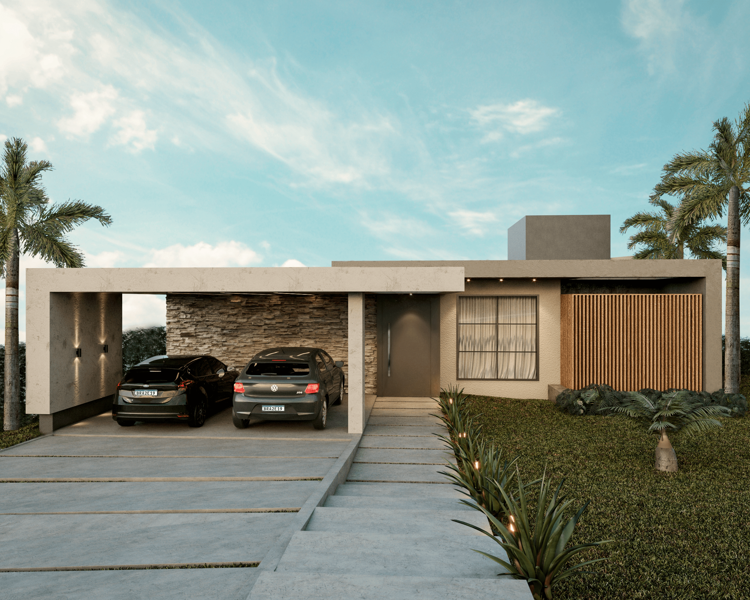 Casa térrea contemporânea com pórtico estrutural cimentício, garagem coberta para dois veículos e painel de brises verticais amadeirados no Paragem do Tripuí