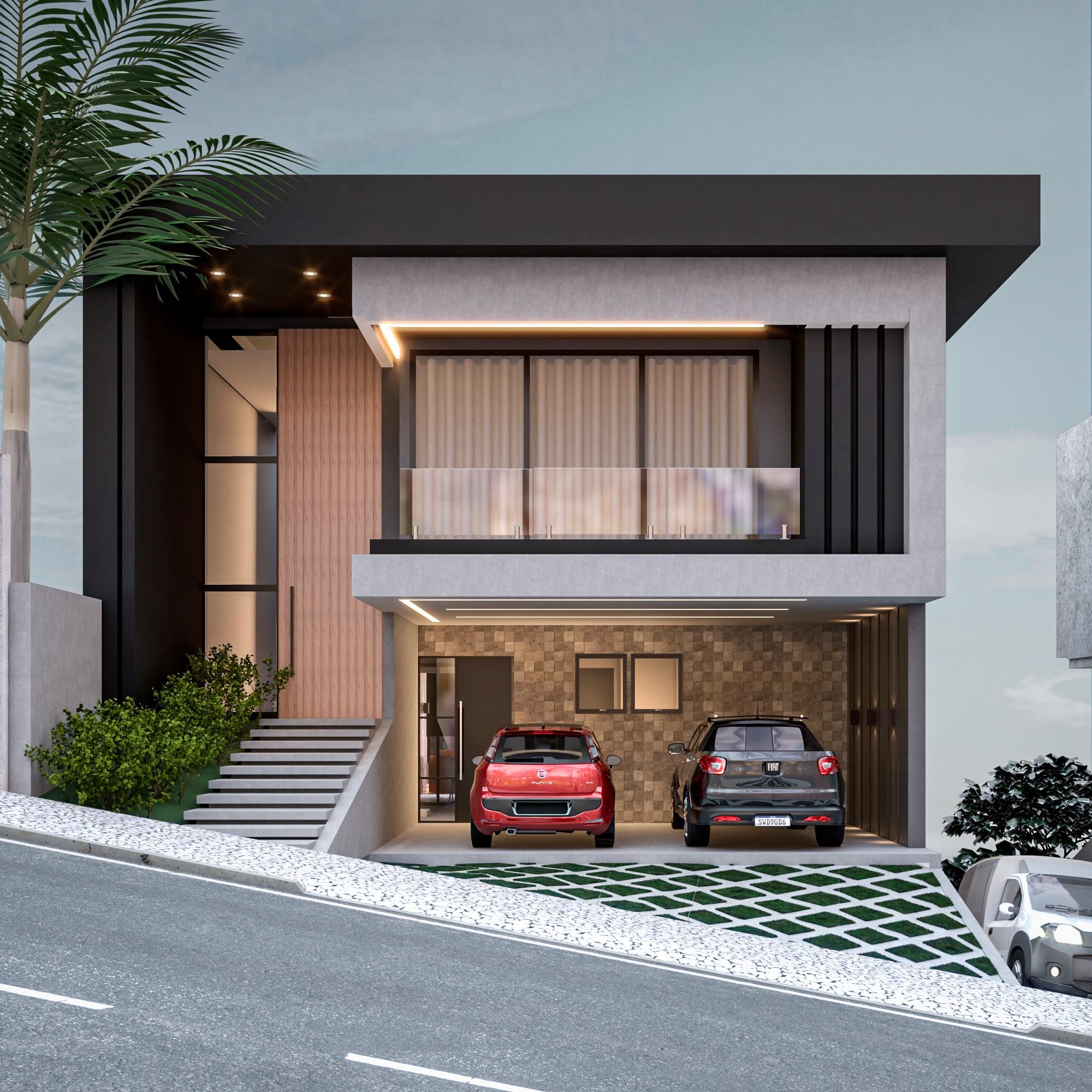 Fachada frontal de residência moderna com pórtico estrutural escuro em L invertido, balanço do pavimento superior, painel ripado amadeirado de pé-direito duplo, varanda com guarda-corpo transparente e garagem semienterrada com pavimentação permeável